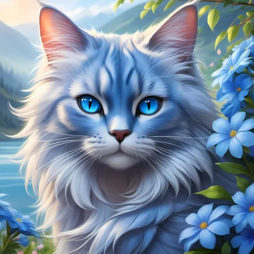 Prompt: warrior cat with {silver-blue fur} and {crystal blue eyes}, senior she-cat, Erin Hunter, gorgeous anime portrait, beautiful cartoon, 2d cartoon, beautiful 8k eyes, elegant {blue fur}, pronounced scar on chest, fine oil painting, modest, gazing at viewer, beaming blue eyes, worm's eye view, frosted flowers, zoomed out view of character, wears a bracelet, 64k, hyper detailed, expressive, timid, graceful, beautiful, expansive silky mane, golden ratio, precise, perfect proportions, vibrant, tanning by a sun-bathed river, hyper detailed, complementary colors, UHD, HDR, top quality artwork, beautiful detailed background, unreal 5, artstaion, deviantart, instagram, professional, masterpiece