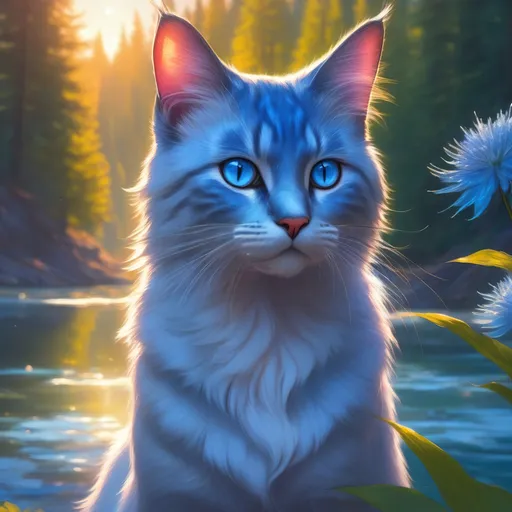 Prompt: warrior cat with {silver-blue fur} and {crystal blue eyes}, senior she-cat, Erin Hunter, gorgeous anime portrait, beautiful cartoon, 2d cartoon, beautiful 8k eyes, elegant {blue fur}, pronounced scar on chest, fine oil painting, modest, gazing at viewer, worm's eye view, frosted flowers, zoomed out view of character, wears a bracelet, 64k, hyper detailed, expressive, timid, graceful, beautiful, expansive silky mane, golden ratio, precise, perfect proportions, vibrant, tanning by a sun-bathed river, hyper detailed, complementary colors, UHD, HDR, top quality artwork, beautiful detailed background, unreal 5, artstaion, deviantart, instagram, professional, masterpiece