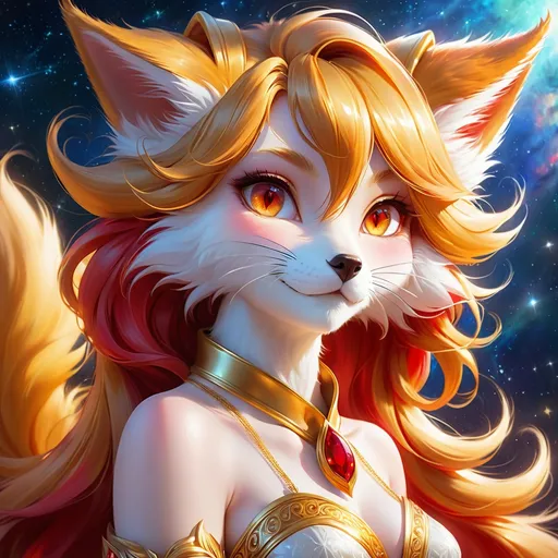 Prompt: warrior (fox) with {bright gold fur} and {ruby red eyes}, feral fox, kitsune, nine-tailed fox, gorgeous anime portrait, beautiful cartoon, beautiful 8k eyes, elegant {red fur}, four-legged, quadruped, pronounced scar on chest, oil painting, modest, gazing at viewer, fiery red eyes, glistening golden hair, furry golden paws, low angle view, 64k, hyper detailed, expressive, graceful, beautiful, small lithe cat, expansive silky golden mane, shining fur, deep starry sky, UHD background, golden ratio, precise, perfect proportions, vibrant colors, standing majestically on a tall crystal stone, hyper detailed, complementary colors, UHD, HDR, top quality art, beautiful detailed background, unreal 5, artstaion, deviantart, instagram, professional, masterpiece