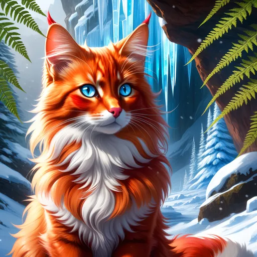 Prompt: warrior cat with {shiny red fur} and {ice blue eyes}, feral, quadruped, young she-cat, by Erin Hunter, gorgeous anime portrait, intense cartoon, beautiful 8k eyes, elegant {scarlet and garnet fur}, {pelt looks like a vixen fox}, fine oil painting, stunning, gorgeous, gazing at viewer, beaming blue eyes, glistening scarlet fur, wearing ferns, snowstorm, ice element, 64k, hyper detailed, expressive, witty, graceful, beautiful, expansive silky mane, crystal mountain cave, golden ratio, precise, perfect proportions, vibrant, standing majestically on a tall crystal stone, hyper detailed, complementary colors, UHD, HDR, top quality artwork, beautiful detailed background, unreal 5, artstaion, deviantart, instagram, professional, masterpiece