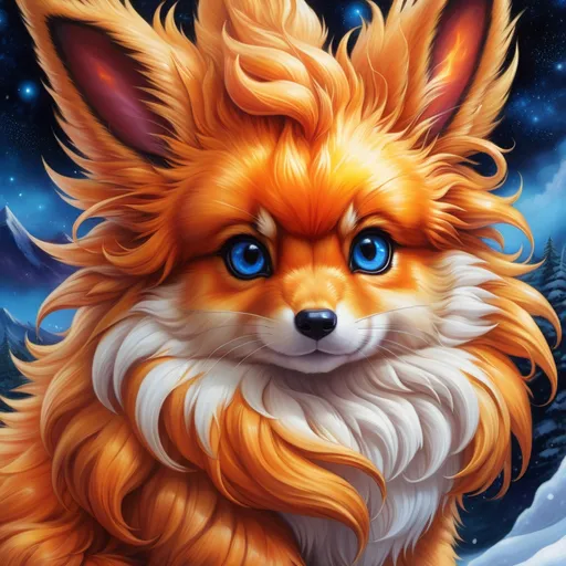 Prompt: {Flareon}, brilliant {blue eyes}, flame, fire element, feral, detailed artwork, beautiful oil painting, 64k, detailed background, snowy field, frost, deep starry sky, brilliant sunrise sky, big golden ears, beautiful dark muzzle, big beautiful 8k eyes, brave, vivid colors, thick fluffy fur, glowing fiery aura, thick billowing mane, intricately detailed fur, soft fluffy fur, beautiful detailed eyes, , by Anne Stokes, golden ratio, perfect proportions, vibrant, hyper detailed, complementary colors, UHD, beautiful detailed background