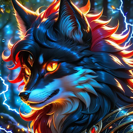 Prompt: young warrior black fox with (solid jet black fur) and {scarlet eyes}, feral, gorgeous anime portrait, 2d cartoon,  lightning element, crackling lightning, beautiful 8k eyes, fine oil painting, intense, wearing shiny bracelet, low angle view, (unsheathed claws), visible claws, 64k, fine colored pencil,  head turned toward viewer, hyper detailed, expressive, intense, heroic, friendly, compassionate, brawny, thick billowing mane, fiery colors, psychedelic colors, lightning charged atmosphere, colorful stones, glistening black fur, prowling through a twilight forest,  golden ratio, intricate detailed fur, precise, perfect proportions, vibrant, prowling by a sun-bathed river, hyper detailed, complementary colors, UHD, HDR, top quality artwork, beautiful detailed background, unreal 5, artstaion, deviantart, instagram, professional, masterpiece