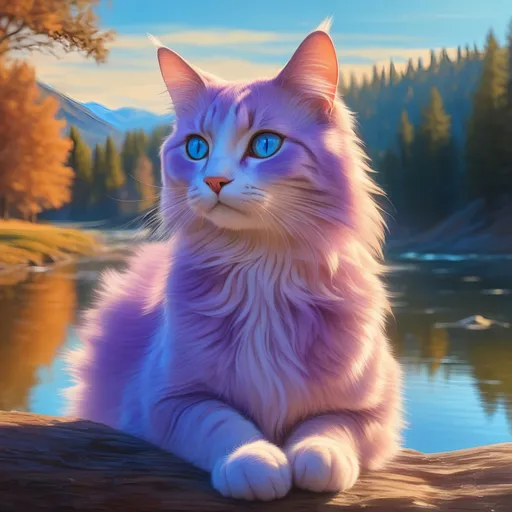 Prompt: warrior cat with {lavender fur} and {crystal blue eyes}, young female cat, gorgeous anime portrait, beautiful 8k eyes, elegant {colorful lavender fur}, fine oil painting, modest, gazing at viewer, worm's eye view, frosted flowers, zoomed out view of character, wears a bracelet, 64k, hyper detailed, expressive, timid, graceful, beautiful, expansive silky mane, golden ratio, precise, perfect proportions, vibrant, tanning by a sun-bathed river, hyper detailed, complementary colors, UHD, HDR, top quality artwork, beautiful detailed background, unreal 5, artstaion, deviantart, instagram, professional, masterpiece