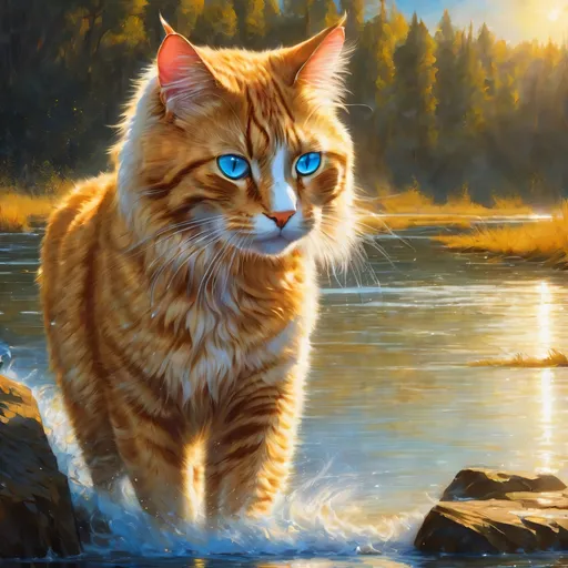 Prompt: warrior cat with pearl-white fur and gold stripes and sapphire blue eyes, young male cat, epic anime portrait, beautiful 8k eyes, fine oil painting, intense, lunging at viewer, wearing shiny bracelet, worm's eye view, zoomed out view of character,  (unsheathed claws), visible claws, 64k, hyper detailed, expressive, intense, hissing cat, aggressive, intelligent, lithe, covered in scratches and scars, billowing gold mane, glistening golden fur, golden ratio, precise, perfect proportions, vibrant, prowling by a sun-bathed river, hyper detailed, complementary colors, UHD, HDR, top quality artwork, beautiful detailed background, unreal 5, artstaion, deviantart, instagram, professional, masterpiece