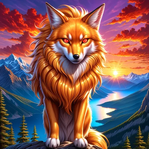 Prompt: (best quality:1.5), (high quality:1.5), (masterpiece:1.5), stunning beautiful Ninetales with (gleaming gold fur:2) and (glowing red eyes:2), sparkling fur highlights, huge beautiful sparkling eyes, nine-tailed fox, many tails, multiple tails, six amber tails, feral, fire element, fiery maw, kitsune tails, beautiful defined detailed paws, quadruped, gorgeous anime portrait, intense cartoon, tall and slender, well defined figure, beautiful 8k eyes, kitsune, close up, up close, layers of incredibly detailed mountains, wild, nature, incredibly detailed fur, highly detailed face, water element, detailed fine fur, fine oil painting, stunning, finely  detailed fur, fierce, majestic, intimidating, gorgeous, gazing at viewer, beaming eyes, well-defined figure, lake shore sunrise, perfect reflection, shimmering, beautifully defined legs, beautiful detailed defined shading, professional shading, sharply focused red clouds, Anne Stokes, highly detailed jagged mountain vista, brilliant sunrise on purple sky, (horizontal background), 64k, hyper detailed, expressive, beautiful, thick silky mane, golden ratio, symmetric, accurate anatomy, precise, perfect proportions, vibrant, standing majestically on a mountain, hyper detailed, complementary colors, UHD, HDR, top quality artwork, beautiful detailed background, unreal 5, artstaion, deviantart, instagram, professional