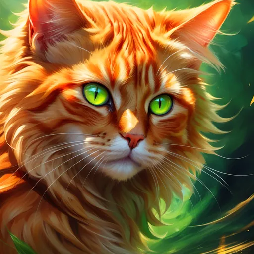 Prompt: warrior cat with {fiery orange fur} and bright green eyes, young male cat, epic anime portrait, beautiful 8k eyes, fine oil painting, intense, lunging at viewer, wearing shiny bracelet, solid red belly, worm's eye view, zoomed out view of character,  (unsheathed claws), visible claws, 64k, hyper detailed, expressive, intense, hissing cat, aggressive, intelligent, lithe, small, covered in scratches and scars, thick billowing mane, glistening golden fur, golden ratio, precise, perfect proportions, vibrant, prowling by a sun-bathed river, hyper detailed, dynamic, complementary colors, UHD, HDR, top quality artwork, beautiful detailed background, unreal 5, artstaion, deviantart, instagram, professional, masterpiece