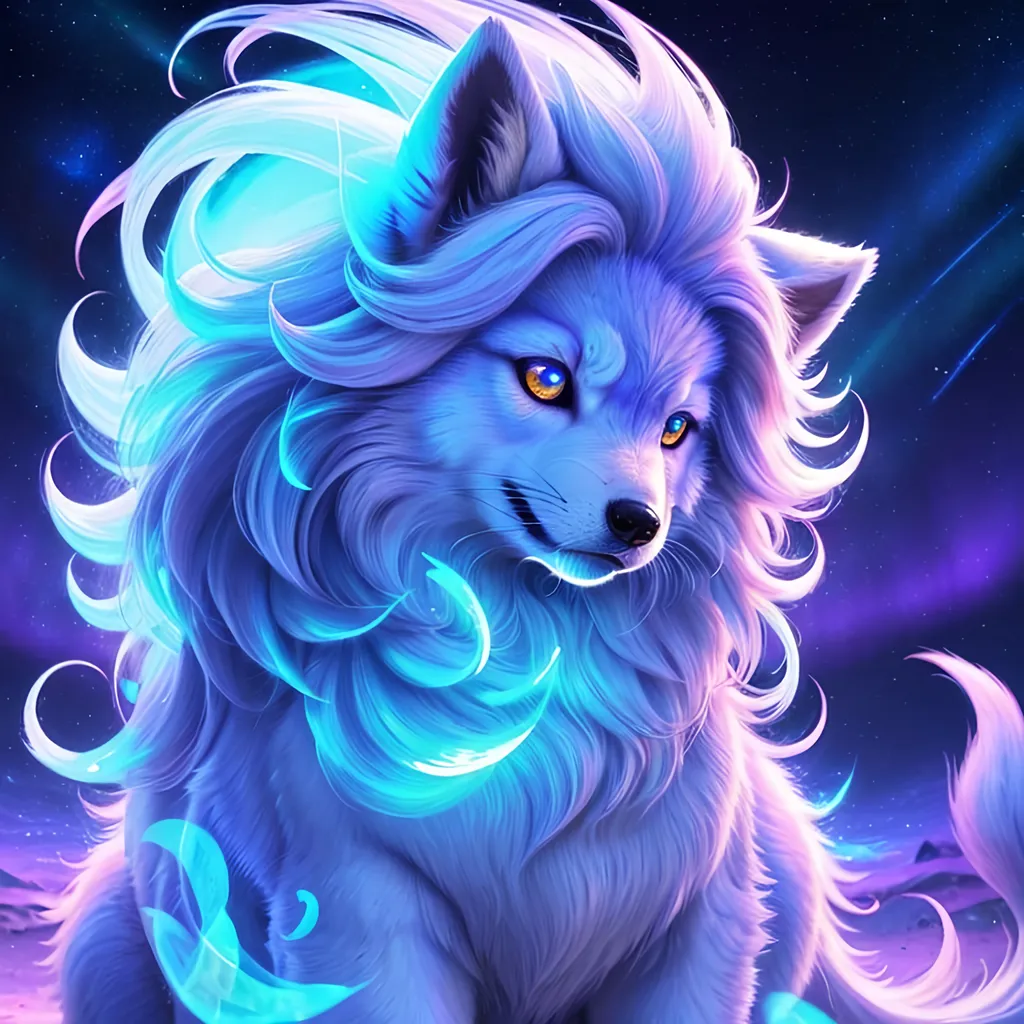 Prompt: {Alolan Vulpix}, growling, wolf, ice element, detailed artwork, portrait, 8k, detailed background, beautiful auroras, brilliant night sky, gleaming hypnotic purple eyes, mischievous, thick billowing mane, beautiful detailed eyes, golden ratio, perfect proportions, complementary colors, UHD