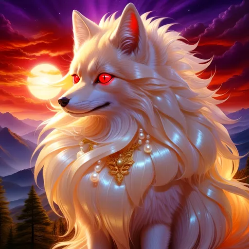Prompt: (best quality:1.5), (high quality:1.5), (masterpiece:1.5), stunning beautiful Ninetales with (gleaming pearl fur:2) and (glowing red eyes:2), sparkling fur highlights, huge beautiful sparkling eyes, nine-tailed fox, many tails, multiple tails, nine lush amber tails, feral, fire element, fiery maw, kitsune tails, beautiful defined detailed paws, quadruped, gorgeous anime portrait, intense cartoon, magic gold fur highlights, tall and slender, foxy head turn, beautiful 8k eyes, kitsune, close up, up close, layers of incredibly detailed mountains, wild, nature, magical, ethereal, enchanted, incredibly detailed fur, highly detailed face, water element, detailed fine fur, fine oil painting, stunning, finely detailed fur, fierce, majestic, long silky hair, gorgeous, gazing at viewer, beaming eyes, glowered eyes, well-defined figure, beautiful defined figure, lake shore sunrise, perfect reflection, shimmering, beautifully defined legs, beautiful detailed defined shading, long ribbon-like hair on forehead, french curves, professional shading, long flowing hair on crest, sharply focused red clouds, Anne Stokes, highly detailed jagged mountain vista, brilliant sunrise on purple sky, (horizontal background), 64k, hyper detailed, expressive, beautiful, thick silky mane, golden ratio, symmetric, accurate anatomy, precise, perfect proportions, vibrant, standing majestically on a mountain, hyper detailed, complementary colors, UHD, HDR, top quality artwork, beautiful detailed background, unreal 5, artstaion, deviantart, instagram, professional, 16k