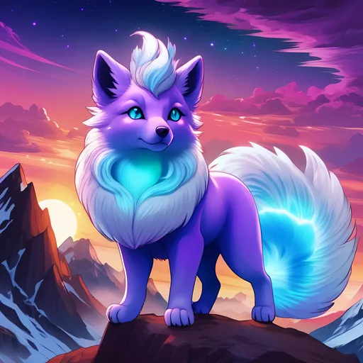 Prompt: {Alolan Vulpix}, growling, wolf, ice element, detailed artwork, portrait, 64k, 3D, detailed background, beautiful auroras, lush cliffside, snowy mountain peaks, brilliant night sky, gleaming hypnotic purple eyes, mischievous, psychedelic colors, vivid colors, glowing ice aura, thick billowing mane, intricately detailed fur, beautiful detailed eyes, golden ratio, perfect proportions, complementary colors, UHD, beautiful detailed background