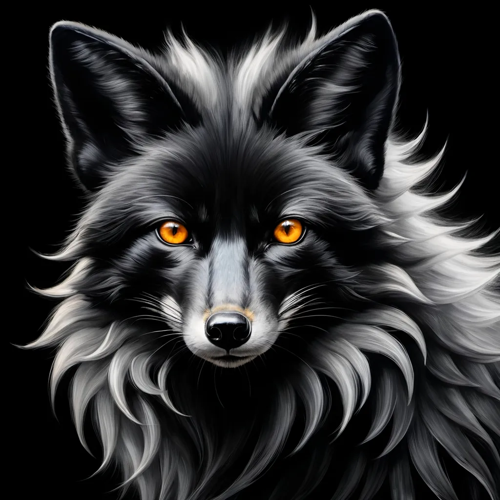 Prompt: painting of a large powerful male black fox champion with 8 tails, jet black and white fur, brilliant and beautiful 8k amber eyes, feral, charcoal fur, charcoal drawing, oil painting, Fire and ice, golden ratio, symmetric, expressive, up close, intense, intricate detailed fur, highly detailed fur