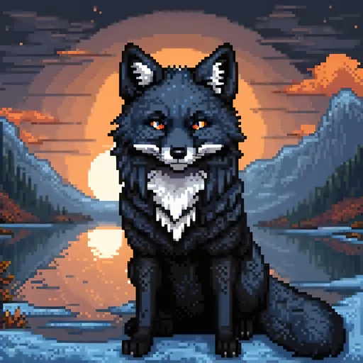 Prompt: beautiful black fox warrior with jet black fur and {dusk orange and twilight blue} eyes, kitsune, feral fox, nine-tailed fox, brawny, fierce, fire and ice, close up, detailed background, lush lakeside background, highly detailed