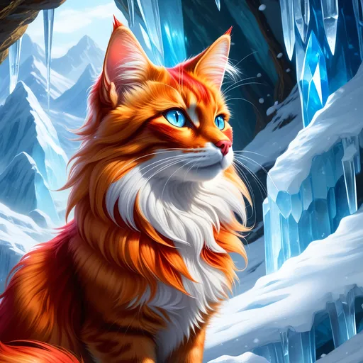 Prompt: warrior cat with {shiny red fur} and {ice blue eyes}, feral, quadruped, young she-cat, by Erin Hunter, gorgeous anime portrait, intense cartoon, beautiful 8k eyes, elegant {scarlet and garnet fur}, {pelt looks like a vixen fox}, fine oil painting, stunning, gorgeous, gazing at viewer, beaming blue eyes, glistening scarlet fur, snowstorm, ice element, 64k, hyper detailed, expressive, witty, graceful, beautiful, expansive silky mane, crystal mountain cave, golden ratio, precise, perfect proportions, vibrant, standing majestically on a tall crystal stone, hyper detailed, complementary colors, UHD, HDR, top quality artwork, beautiful detailed background, unreal 5, artstaion, deviantart, instagram, professional, masterpiece