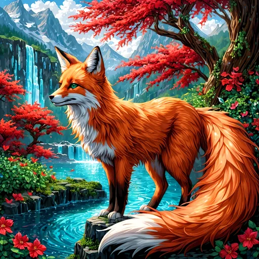 Prompt: portrait of a stunning beautiful fox with {shiny garnet and crimson fur} and {crisp mint green eyes}, feral fox, quadruped, young vixen, kitsune, nine-tailed fox, beautiful 8k eyes, elegant {crimson and garnet fur}, fine oil painting, stunning, gorgeous, back view, gazing at viewer, fire element, wind element,  beaming green eyes, looking back, (rear view:1.5), (looking over shoulder:1.5), (raised tail:2.5), glistening scarlet fur, surrounded by flowers. andferns
, snowstorm, ice element, 64k, hyper detailed, expressive, witty, graceful, beautiful, expansive silky mane, crystal mountain cave, secluded crystal lake, crystal waterfall, golden ratio, precise, perfect proportions, vibrant, standing majestically on a tall crystal stone, hyper detailed, complementary colors, UHD, HDR, top quality artwork, beautiful detailed background, detailed pixel art