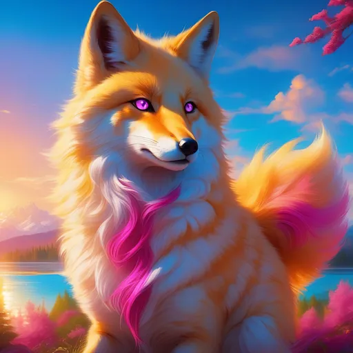 Prompt: beautiful young golden fox prodigy with (white-gold fur) and glowing (ruby magenta eyes), {sky blue paws and ears, curly blue hair}, feral, epic anime portrait, close up, sunny colors, brilliant sunrise, beautiful 8k eyes, light fluffy clouds, lush verdant greenery, close up, fine oil painting, low angle view, soft HD fur, (unsheathed claws), visible claws, 64k, hyper detailed, expressive, energetic, vibrant, fluffy mane, petite, deep blue sky, colorful stones, glistening golden fur, bashful rosy cheeks, sprawled at a lake shore, golden ratio, precise, perfect proportions, vibrant colors, vivid colors, lying by a sun-bathed lake, hyper detailed, complementary colors, UHD, HDR, top quality artwork, beautiful detailed background, unreal 5, artstaion, deviantart, instagram, professional, masterpiece