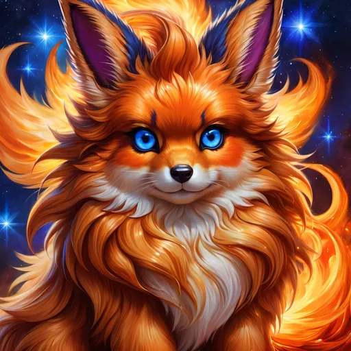 Prompt: Bronze {Flareon}, {copper fur}, gleaming intense (deep sapphire blue eyes:1.5), fire element, fiery colors, feral, frost, detailed artwork, beautiful oil painting, 64k, detailed background, frozen lake, deep starry sky, lush cliffside, brilliant golden sunrise, big golden ears, beautiful dark muzzle, big beautiful 8k eyes, brave, fluffy, plump, vivid colors, thick fluffy fur, glowing fiery aura, thick billowing mane, bright fluffy cheeks, intricately detailed fur, beautiful detailed eyes, by Anne Stokes, golden ratio, perfect proportions, vibrant, artstation, instagram, hyper detailed, complementary colors, UHD, ultra detailed, beautiful detailed background