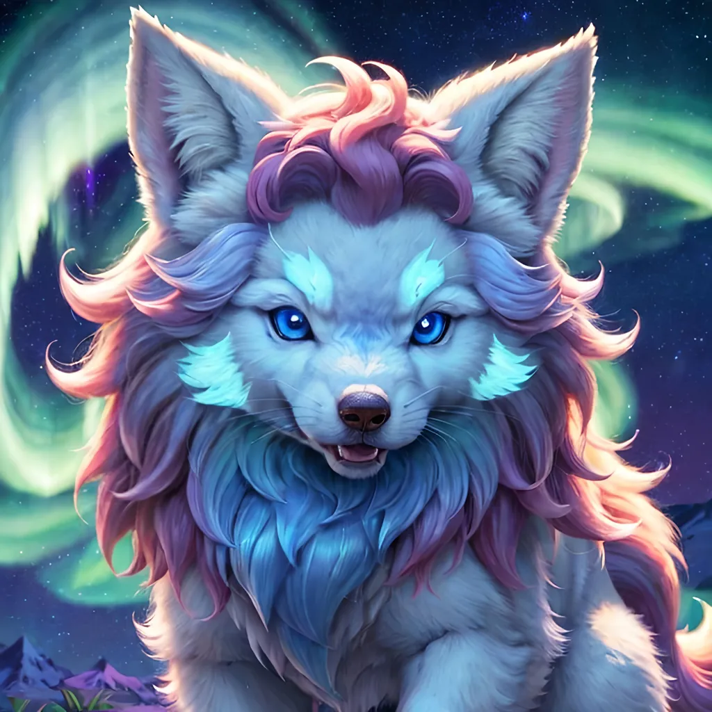 Prompt: {Alolan Vulpix}, growling, wolf, ice element, detailed artwork, portrait, 8k, detailed background, auroras, brilliant night sky, mischievous, thick billowing mane