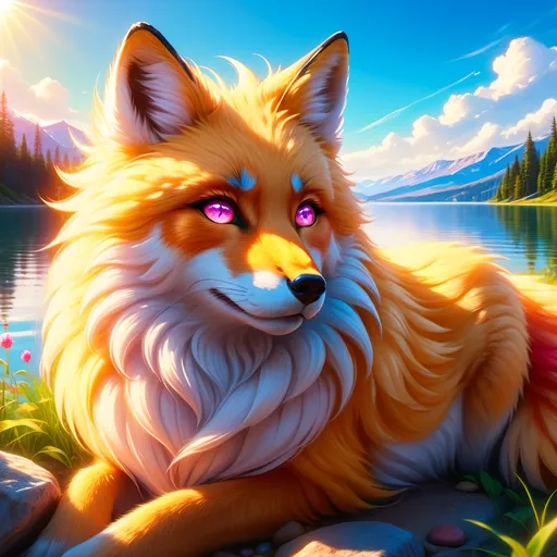 Prompt: beautiful young golden fox prodigy with (white-gold fur) and glowing {ruby pink eyes}, {sky blue paws and ears, curly blue hair}, feral, epic anime portrait, close up, sunny colors, brilliant sunrise, beautiful 8k eyes, light fluffy clouds, lush verdant greenery, close up, fine oil painting, low angle view, soft HD fur, (unsheathed claws), visible claws, 64k, hyper detailed, expressive, energetic, vibrant, fluffy mane, petite, deep blue sky, colorful stones, glistening golden fur, bashful rosy cheeks, sprawled at a lake shore, golden ratio, precise, perfect proportions, vibrant colors, vivid colors, lying by a sun-bathed lake, hyper detailed, complementary colors, UHD, HDR, top quality artwork, beautiful detailed background, unreal 5, artstaion, deviantart, instagram, professional, masterpiece