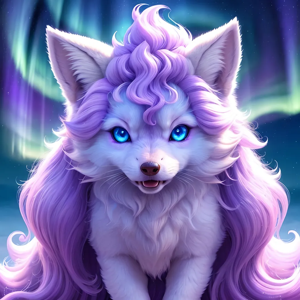 Prompt: {Alolan Vulpix}, growling, wolf, ice element, detailed artwork, portrait, 8k, detailed background, beautiful auroras, brilliant night sky, gleaming hypnotic purple eyes, mischievous, thick billowing mane, beautiful detailed eyes, golden ratio, perfect proportions, complementary colors, UHD