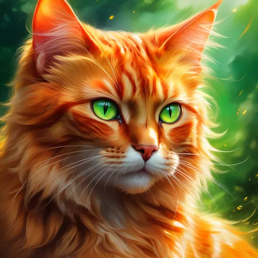 Prompt: warrior cat with {fiery orange fur} and bright green eyes, young male cat, epic anime portrait, beautiful 8k eyes, fine oil painting, intense, lunging at viewer, wearing shiny bracelet, solid red belly, worm's eye view, zoomed out view of character,  (unsheathed claws), visible claws, 64k, hyper detailed, expressive, intense, hissing cat, aggressive, intelligent, lithe, small, covered in scratches and scars, thick billowing mane, glistening golden fur, golden ratio, precise, perfect proportions, vibrant, prowling by a sun-bathed river, hyper detailed, dynamic, complementary colors, UHD, HDR, top quality artwork, beautiful detailed background, unreal 5, artstaion, deviantart, instagram, professional, masterpiece