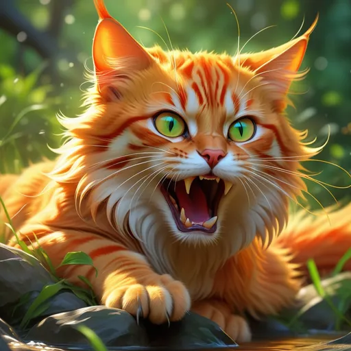 Prompt: warrior cat with {fiery orange fur} and bright green eyes, young male cat, epic anime portrait, beautiful 8k eyes, fine oil painting, intense, lunging at viewer, wearing shiny bracelet, solid red belly, worm's eye view, zoomed out view of character,  (unsheathed claws), visible claws, 64k, hyper detailed, expressive, intense, hissing cat, aggressive, intelligent, lithe, small, covered in scratches and scars, thick billowing mane, glistening golden fur, golden ratio, precise, perfect proportions, vibrant, prowling by a sun-bathed river, hyper detailed, dynamic, complementary colors, UHD, HDR, top quality artwork, beautiful detailed background, unreal 5, artstaion, deviantart, instagram, professional, masterpiece