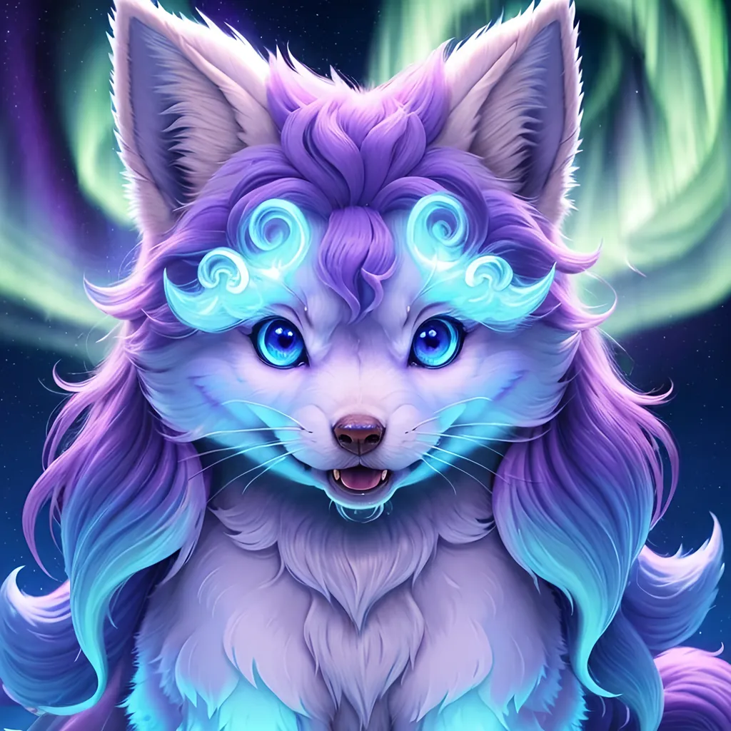 Prompt: {Alolan Vulpix}, growling, wolf, ice element, detailed artwork, portrait, 8k, detailed background, beautiful auroras, brilliant night sky, gleaming hypnotic purple eyes, mischievous, thick billowing mane, beautiful detailed eyes, golden ratio, perfect proportions, complementary colors, UHD