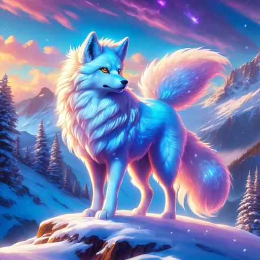 Prompt: {Alolan Vulpix}, growling, Alaskan wolf, ice element, detailed artwork, hyper detailed, 64k, detailed background, beautiful auroras, lush cliffside, snowy mountain peaks, brilliant night sky, gleaming hypnotic {purple eyes}, mischievous, vivid colors, glowing ice aura, thick billowing mane, intense anime portrait, intricately detailed fur, ice blue fur highlights, ice storm, ice halo, beautiful detailed eyes, golden ratio, precise, perfect proportions, vibrant, hyper detailed, complementary colors, UHD, HDR, beautiful detailed background, unreal 5, artstaion, deviantart