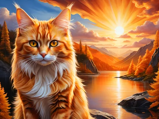 Prompt: detailed oil portrait of a stunning beautiful cat with {copper and gold fur} and {sunlit gold eyes}, tortie cat, nine-tailed cat, vitiligo fur, nine fluffy yellow tails, blue nose, feral, kitsune tails, quadruped, tom cat, Warrior cats by Erin Hunter, gorgeous anime portrait, intense cartoon, beautiful 8k eyes, kitsune, nine-tailed fox, ice element, detailed fine fur, fine oil painting, stunning, gorgeous, gazing at viewer, beaming eyes, lake shore sunrise, perfect reflection, shimmering, professional shading, sharply focused orange clouds, highly detailed cliffs in foreground, brilliant sunrise on golden sky, (horizontal background), 64k, hyper detailed, expressive, clever, beautiful, thick silky mane, golden ratio, symmetric, accurate anatomy, precise, perfect proportions, vibrant, standing majestically on a mountain, hyper detailed, complementary colors, UHD, HDR, top quality artwork, beautiful detailed background, unreal 5, artstaion, deviantart, instagram, professional, masterpiece