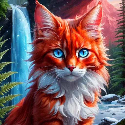 Prompt: warrior cat with {shiny red fur} and {crisp ice blue eyes}, feral, quadruped, young she-cat, by Erin Hunter, gorgeous anime portrait, intense cartoon, beautiful 8k eyes, elegant {scarlet and garnet fur}, {pelt looks like a vixen fox}, fine oil painting, stunning, gorgeous, back view, gazing at viewer, beaming blue eyes, looking back, (rear view:1.5), (looking over shoulder:1.5), (raised tail:2.5), glistening scarlet fur, draped in ferns, snowstorm, ice element, 64k, hyper detailed, expressive, witty, graceful, beautiful, expansive silky mane, crystal mountain cave, secluded crystal river, crystal waterfall, golden ratio, precise, perfect proportions, vibrant, standing majestically on a tall crystal stone, hyper detailed, complementary colors, UHD, HDR, top quality artwork, beautiful detailed background, unreal 5, artstaion, deviantart, instagram, professional, masterpiece