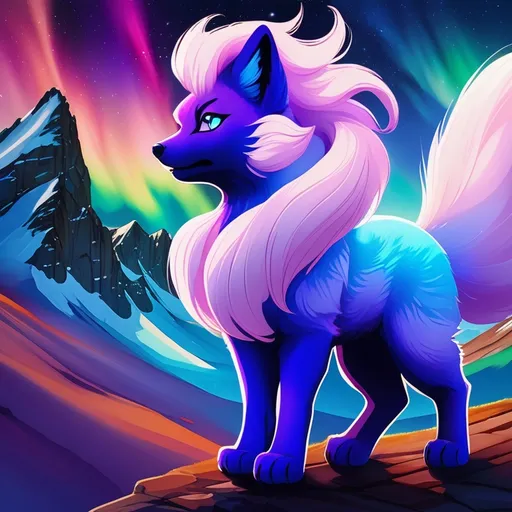 Prompt: {Alolan Vulpix}, growling, wolf, ice element, detailed artwork, epic photograph, 64k, 3D, detailed background, beautiful auroras, lush cliffside, snowy mountain peaks, brilliant night sky, gleaming hypnotic purple eyes, mischievous, vivid colors, glowing ice aura, thick billowing mane, intricately detailed fur, beautiful detailed eyes, golden ratio, perfect proportions, vibrant, complementary colors, UHD, beautiful detailed background