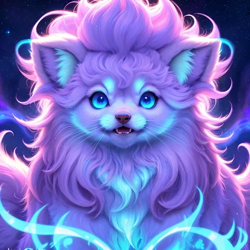 Prompt: {Alolan Vulpix}, growling, wolf, ice element, detailed artwork, portrait, 8k, detailed background, beautiful auroras, brilliant night sky, gleaming hypnotic purple eyes, mischievous, thick billowing mane, beautiful detailed eyes, golden ratio, perfect proportions, complementary colors, UHD