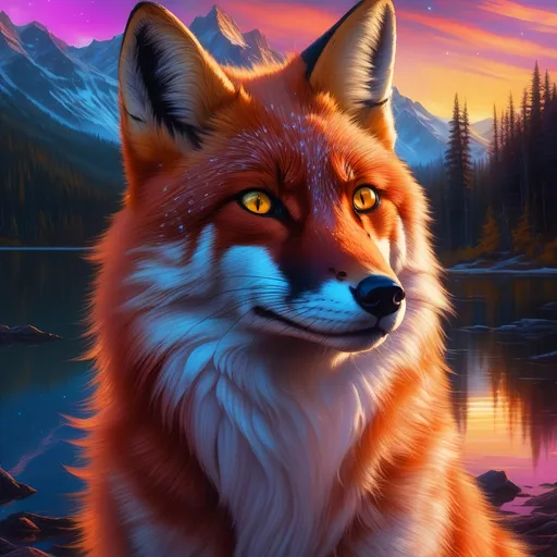 Prompt: portrait of a beautiful young crimson fox prodigy with (glistening crimson fur) and glowing {hazel green eyes}, fine oil painting, feral, beautiful vixen kitsune, epic anime portrait, three quarter portrait, gazing at viewer, fiery colors, brilliant sunrise, beautiful 8k eyes, deep starry sky, cosmic auroras, epic fantasy landscape, frost, close up, intense, low angle view, soft HD fur, 64k, hyper detailed, symmetric, depth, detailed shading, highly detailed face, expressive, intense, elegant, graceful, silky extravagant mane, black fur lighlights, deep purple sky, colorful stones, glistening scarlet fur, sprawled at a lake shore, golden ratio, precise, perfect proportions, vibrant, lying by a sun-bathed lake, hyper detailed, complementary colors, UHD, HDR, top quality artwork, beautiful detailed background, unreal 5, artstaion, deviantart, instagram, professional, masterpiece