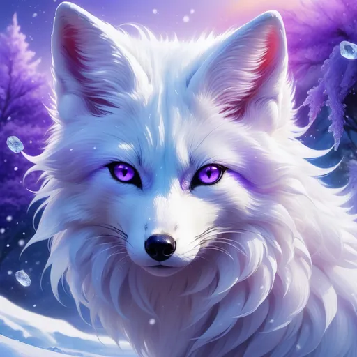 Prompt: ice elemental fox, feral fox, kyubi no kitsune, nine-tailed fox, snow white fur, deep purple eyes, soft moonlight, silver muzzle, forever young vixen, gazing at viewer, looking backward, insanely beautiful, stunning, gorgeous, enchanting, beautiful 8k eyes, insanely powerful element, timid, falling snow, shattered ice, frosted lavender fur, vivid, vibrant UHD, HDR, three-quarter portrait, detailed watercolor style on soft paper, sharp focus, masterpiece, cool colors, artstation, instagram, trending, 64k