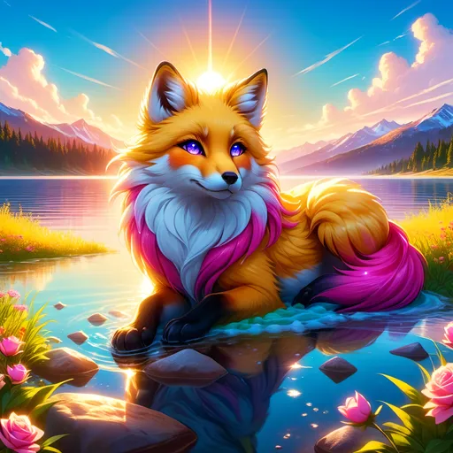 Prompt: beautiful young golden fox prodigy with (white-gold fur) and glowing (ruby magenta eyes), {sky blue paws and ears, curly blue hair}, feral, epic anime portrait, close up, sunny colors, brilliant sunrise, beautiful 8k eyes, light fluffy clouds, lush verdant greenery, close up, fine oil painting, low angle view, soft HD fur, (unsheathed claws), visible claws, 64k, hyper detailed, expressive, energetic, vibrant, fluffy mane, petite, deep blue sky, colorful stones, glistening golden fur, bashful rosy cheeks, sprawled at a lake shore, golden ratio, precise, perfect proportions, vibrant colors, vivid colors, lying by a sun-bathed lake, hyper detailed, complementary colors, UHD, HDR, top quality artwork, beautiful detailed background, unreal 5, artstaion, deviantart, instagram, professional, masterpiece