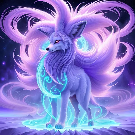 Prompt: {Alolan Ninetales}, growling, fox, white maned wolf, brilliant hypnotic purple eyes, silky lavender fur, ageless, lives for a thousand years, wise, extravagant silky mane, ice element, detailed artwork, portrait, 8k, global illumination, detailed background, auroras, brilliant night sky, mischievous, thick billowing mane, hyper realism, realistic, hyper realistic, dynamic, UHD, professional, studio quality, close up, mid close up, 64k, cinematic, rare, extravagant