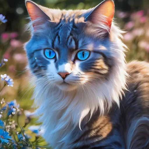 Prompt: warrior cat with speckled {silver-white fur} and {sapphire blue eyes}, young female cat, epic anime portrait, beautiful 8k eyes, elegant {frosted blue fur}, fine oil painting, intense, lunging at viewer, worm's eye view, frosted flowers, zoomed out view of character,  (unsheathed claws), visible claws, wears a bracelet, 64k, hyper detailed, expressive, intense, graceful, hissing cat, aggressive, sassy, passionate, lithe, beautiful, billowing wild mane, golden ratio, precise, perfect proportions, vibrant, prowling by a sun-bathed river, hyper detailed, complementary colors, UHD, HDR, top quality artwork, beautiful detailed background, unreal 5, artstaion, deviantart, instagram, professional, masterpiece