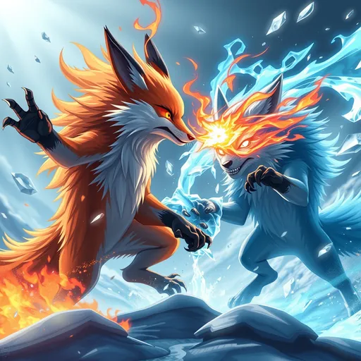 Prompt: calarts style, a ginger-red fox breathing fire, a cyan-blue fox breathing ice, feral warrior foxes, epic fight, battle, anime-inspired cell shading, element, claws unsheathed, cinematic lighting, frozen ice tundra, VFX, highly detailed line drawing, masterpiece, golden ratio, vibrant colors, glitch-free, UHD, extreme detail