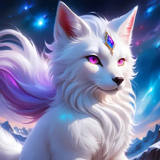 Prompt: hero fox with {snow white fur} and {amethyst purple eyes}, elder female cat, cosmic auroras, Erin Hunter, gorgeous anime portrait, beautiful cartoon, 2d cartoon, beautiful 8k eyes, elegant {white fur}, glossy sheen fur, pronounced scar on chest, fine oil painting, modest, gazing at viewer, beaming red eyes, glistening red fur, low angle view, zoomed out view of character, 64k, hyper detailed, expressive, timid, graceful, beautiful, expansive silky mane, deep starry sky, golden ratio, precise, perfect proportions, vibrant, standing majestically on a tall crystal stone, hyper detailed, complementary colors, UHD, HDR, top quality artwork, beautiful detailed background, unreal 5, artstaion, deviantart, instagram, professional, masterpiece