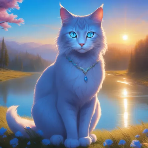 Prompt: warrior cat with {silver-blue fur} and {crystal blue eyes}, senior she-cat, Erin Hunter, gorgeous anime portrait, beautiful cartoon, 2d cartoon, beautiful 8k eyes, elegant {blue fur}, pronounced scar on chest, fine oil painting, modest, gazing at viewer, worm's eye view, frosted flowers, zoomed out view of character, wears a bracelet, 64k, hyper detailed, expressive, timid, graceful, beautiful, expansive silky mane, golden ratio, precise, perfect proportions, vibrant, tanning by a sun-bathed river, hyper detailed, complementary colors, UHD, HDR, top quality artwork, beautiful detailed background, unreal 5, artstaion, deviantart, instagram, professional, masterpiece