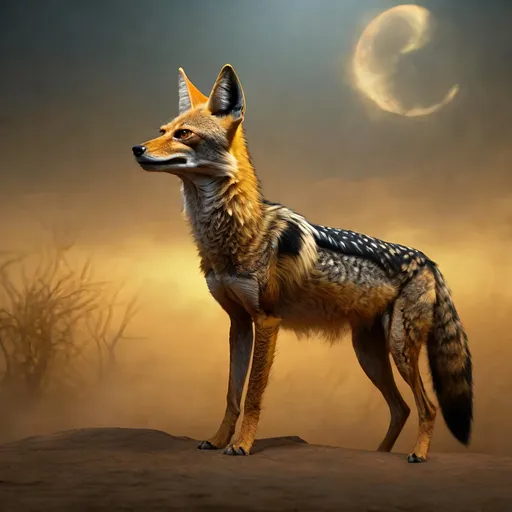 Prompt: epic {black backed jackal} howling at {golden moon}, billowing wild fur, haunting orange eyes, 64k, realistic, photograph, spooky, haunting, foggy, studio lighting, highly detailed, intricately detailed, hyper realism, cinematic, highly detailed background, finely detailed fur