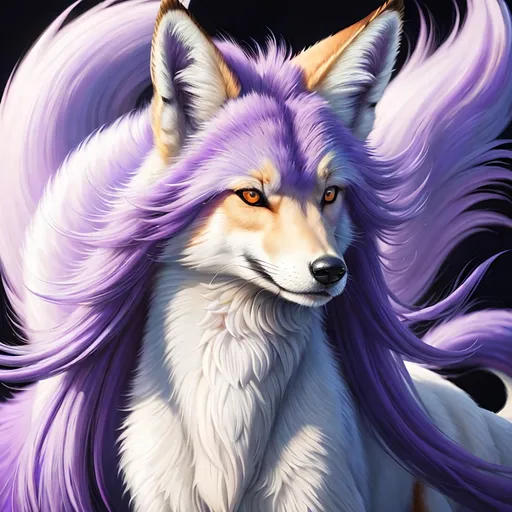 Prompt: hyper realistic, epic oil painting, masterpiece, dynamic, UHD, professional, {Alolan Ninetales}, growling, fox, white maned wolf, brilliant hypnotic purple eyes, silky lavender fur, ageless, ornate highly detailed eyes, lives for a thousand years, wise, extravagant silky mane, ice element, detailed artwork, portrait, 8k, global illumination, detailed background, auroras, brilliant night sky, mischievous, thick billowing mane, hyper realism, realistic,, studio quality, close up, mid close up, 64k, cinematic, rare, extravagant