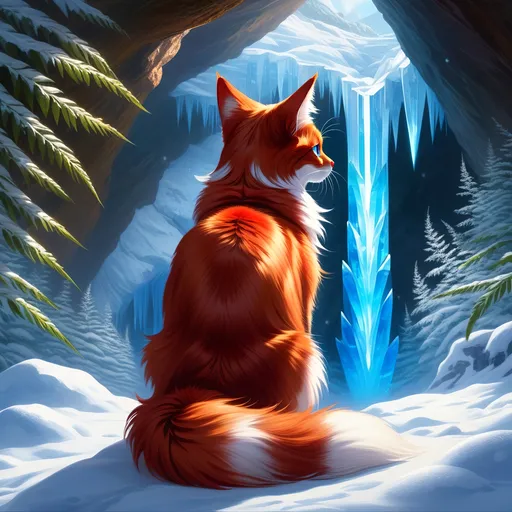 Prompt: warrior cat with {shiny red fur} and {ice blue eyes}, feral, quadruped, young she-cat, by Erin Hunter, gorgeous anime portrait, intense cartoon, beautiful 8k eyes, elegant {scarlet and garnet fur}, {pelt looks like a vixen fox}, fine oil painting, stunning, gorgeous, back view, gazing at viewer, beaming blue eyes, looking back, rear view, glistening scarlet fur, draped in ferns, snowstorm, ice element, 64k, hyper detailed, expressive, witty, graceful, beautiful, expansive silky mane, crystal mountain cave, golden ratio, precise, perfect proportions, vibrant, standing majestically on a tall crystal stone, hyper detailed, complementary colors, UHD, HDR, top quality artwork, beautiful detailed background, unreal 5, artstaion, deviantart, instagram, professional, masterpiece