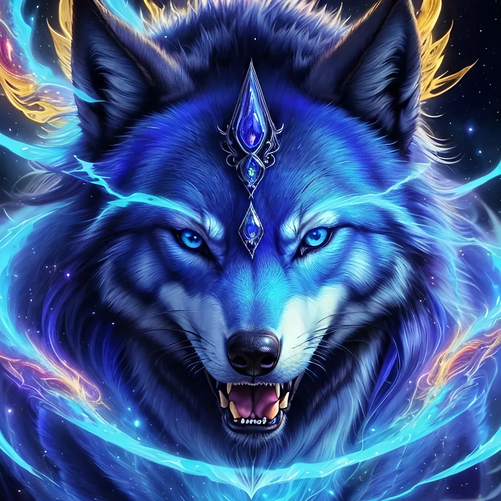 Prompt: insanely beautiful (wolf), ancient, celestial guardian, quadrupedal canine, growling, glaring at viewer, global illumination, psychedelic colors, illusion, finely detailed, stunning sapphire blue eyes, calm, detailed face, beautiful detailed eyes, beautiful defined detailed legs, beautiful detailed shading, stunning, hyper detailed face, hyper detailed eyes, masterpiece, epic anime scenery, professional oil painting, epic digital art, best quality, bulky, plump, highly detailed body, glaring at viewer, (lightning halo), tilted halo, {body crackling with lightning}, billowing wild fur, dense billowing mane, lilac magic fur highlights, majestic wolf queen, magic jewels on forehead, presenting magic jewel, lightning blue eyes, flaming eyes, ice element, (auroras) fill the sky, (ice storm), crackling lightning, (lightning halo), tilted halo, corona behind head, highly detailed pastel clouds, lightning charged atmosphere, full body focus, presenting magical jewel, beautifully detailed background, cinematic, Yuino Chiri, Anne stokes, Kentaro Miura, 64K, UHD, intricate detail, high quality, high detail, golden ratio, symmetric, masterpiece, intricate facial detail, high quality, detailed face, intricate quality, intricate eye detail, highly detailed, high resolution scan, intricate detailed, highly detailed face, very detailed, high resolution, medium close up, close up