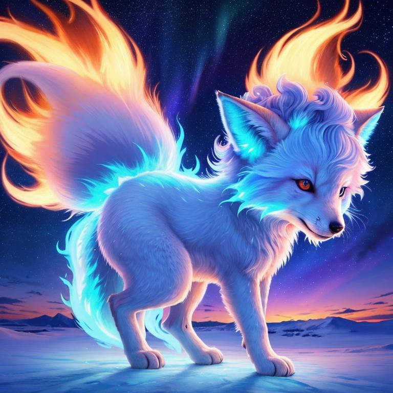 Prompt: {Alolan Vulpix}, growling, fox, kitsune, ice element, detailed artwork, portrait, 8k, detailed background, auroras, brilliant night sky, mischievous, thick billowing mane, hyper realism, realistic, hyper realistic