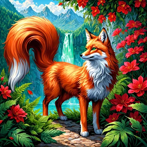 Prompt: portrait of a stunning beautiful fox with {shiny garnet and crimson fur} and {intricately detailed 8k 
mint green eyes}, feral fox, quadruped, young vixen, kitsune, nine-tailed fox, beautiful 8k eyes, elegant {crimson and garnet fur}, fine oil painting, stunning, gorgeous, back view, gazing at viewer, wind element,  beaming green eyes, looking back, (rear view:1.5), (looking over shoulder:1.5), (raised tail:2.5), glistening scarlet fur, surrounded by flowers and ferns, draped in ferns, 64k, hyper detailed, expressive, witty, graceful, beautiful, expansive silky mane, crystal mountain cave, secluded crystal lake, crystal waterfall, golden ratio, precise, perfect proportions, vibrant, standing majestically on a tall crystal stone, hyper detailed, complementary colors, UHD, HDR, top quality artwork, beautiful detailed background, detailed pixel art