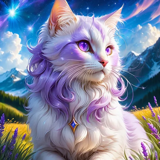 Prompt: clawmaster (cat) with {lavender fur} and {amethyst eyes}, feral cat, frost, Erin Hunter, gorgeous anime portrait, beautiful cartoon, beautiful 8k eyes, pronounced scar on chest, fine oil painting, modest, gazing at viewer, enchanting purple eyes, glistening lilac hair, low angle view, zoomed out view of character, 64k, hyper detailed, expressive, timid, graceful, beautiful, expansive silky mane, deep starry sky, UHD background, golden ratio, precise, perfect proportions, vibrant colors, standing majestically on a tall crystal stone, hyper detailed, complementary colors, UHD, HDR, top quality art, beautiful detailed background, unreal 5, artstaion, deviantart, instagram, professional, masterpiece