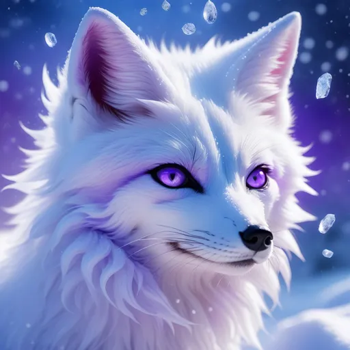 Prompt: ice elemental fox, feral fox, kyubi no kitsune, nine-tailed fox, snow white fur, deep purple eyes, soft moonlight, silver muzzle, forever young vixen, gazing at viewer, looking backward, insanely beautiful, stunning, gorgeous, enchanting, beautiful 8k eyes, absurdly powerful element, timid, falling snow, shattered ice, frosted lavender fur, vivid, vibrant UHD, HDR, three-quarter portrait, detailed watercolor style on soft paper, sharp focus, masterpiece, cool colors, artstation, instagram, trending, 64k, absurd resolution