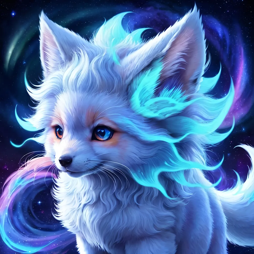 Prompt: {Alolan Vulpix}, growling, fox, kitsune, ice element, detailed artwork, portrait, 8k, detailed background, auroras, brilliant night sky, mischievous, thick billowing mane