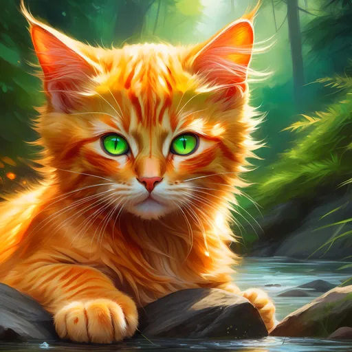 Prompt: warrior kitten with {fiery orange fur} and bright green eyes, young male fire cat, epic anime portrait, beautiful 8k eyes, fine oil painting, intense, lunging at viewer, wearing shiny bracelet, solid red belly, lush fantasy forest, zoomed out view of character,  (unsheathed claws), visible claws, 64k, hyper detailed, expressive, intense, hissing cat, aggressive, intelligent, lithe, small, covered in scratches and scars, thick billowing mane, glistening golden fur, golden ratio, precise, perfect proportions, vibrant, prowling by a sun-bathed river, hyper detailed, dynamic, complementary colors, UHD, HDR, top quality artwork, beautiful detailed background, unreal 5, artstaion, deviantart, instagram, professional, masterpiece