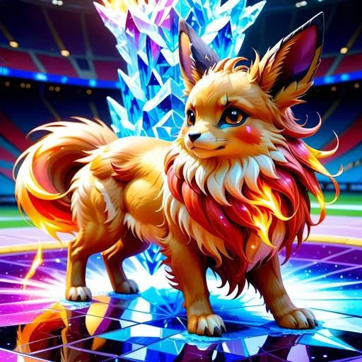Prompt: (best quality: 1.5), (high quality:1.5), (intricate detail: 1.5), painting of an insanely beautiful Eevee, mythical, psychedelic colors, fire, ice, fierce, intense, warrior, brave, vibrant colors, intense colors, brilliant, battle arena, 3d digital painting, stunning 3d illustration, detailed background, sharp background, best video game art, Anne Stokes, hyper detailed fur, hyper realistic, surreal, professional shading, beautiful anime scenery, fantasy, crystal floor, in a stadium, in a tower, 8k, 16k, 64k, unreal engine, perfect pose, golden ratio, symmetric, perfect proportions