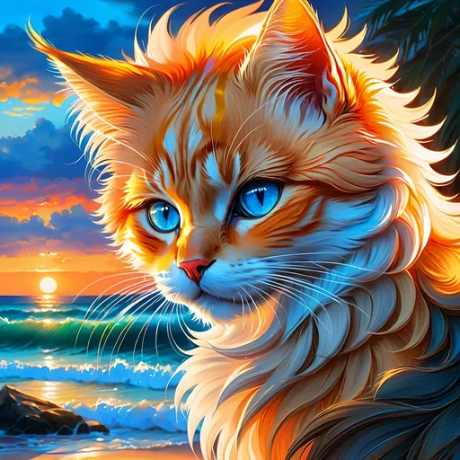 Prompt: portrait of a stunning beautiful cat with {smoky orange and silver fur} and {crisp ice blue and gold eyes}, feral, quadruped, young tom cat, Warrior cats by Erin Hunter, gorgeous anime portrait, intense cartoon, beautiful 8k eyes, {pelt shines like the sun}, fire element, fine oil painting, Van gogh style, stunning, gorgeous, gazing at viewer, beaming eyes, beach shore sunrise, 64k, hyper detailed, expressive, clever, beautiful, scruffy mane, beach cave, golden ratio, precise, perfect proportions, vibrant, standing majestically on a tall crystal stone, hyper detailed, complementary colors, UHD, HDR, top quality artwork, beautiful detailed background, unreal 5, artstaion, deviantart, instagram, professional, masterpiece